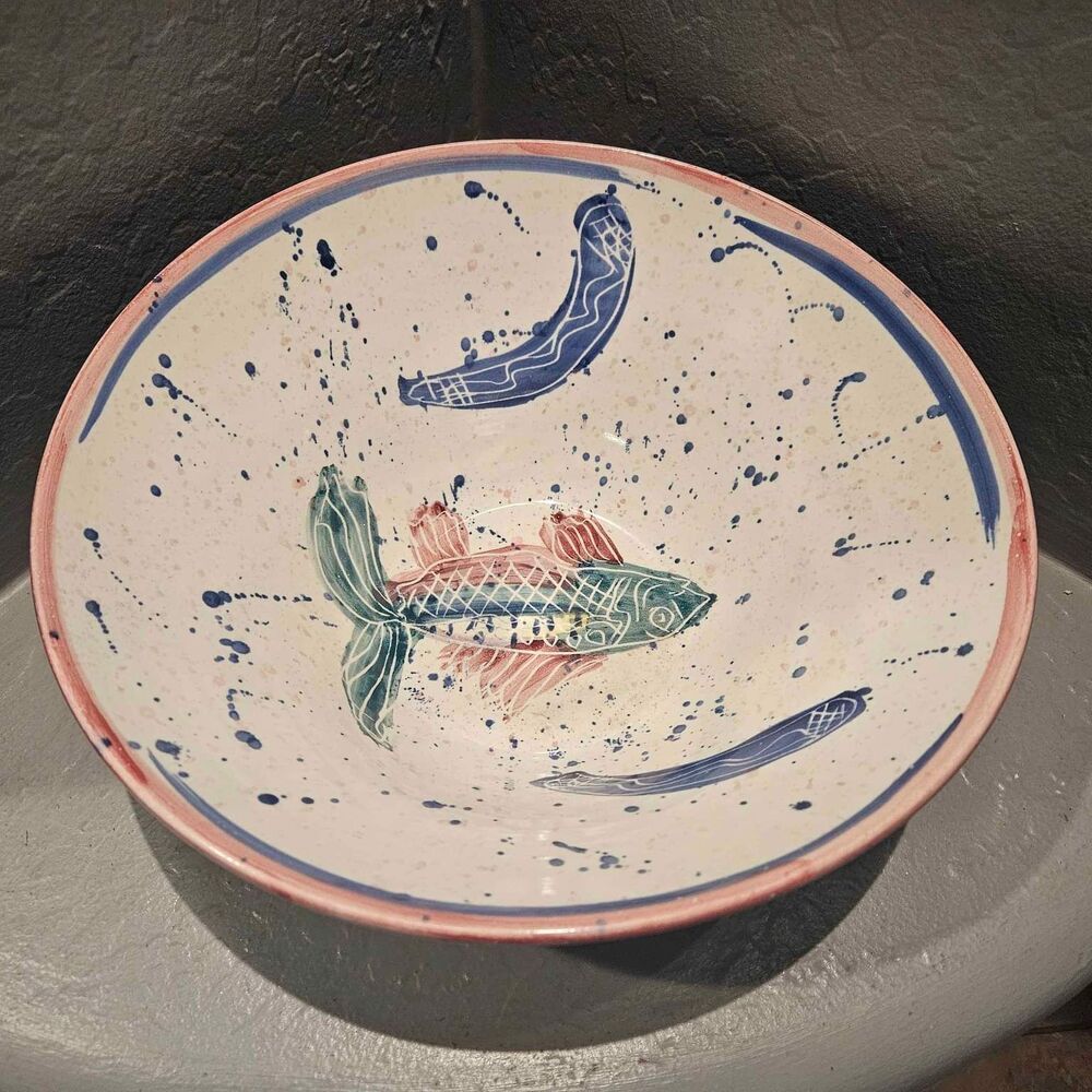 12" Glazed Pottery Bowl Fishy